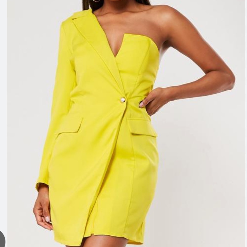 One Shoulder Zip Front Blazer Dress Yellow